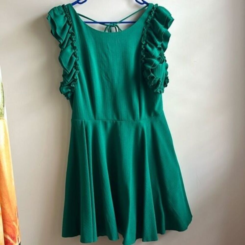 ASOS skater dress green with ruffle sleeves size 10 open back